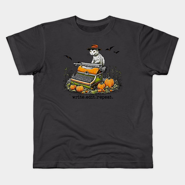 write edit repeat Halloween Cat Kids T-Shirt by H. R. Sinclair